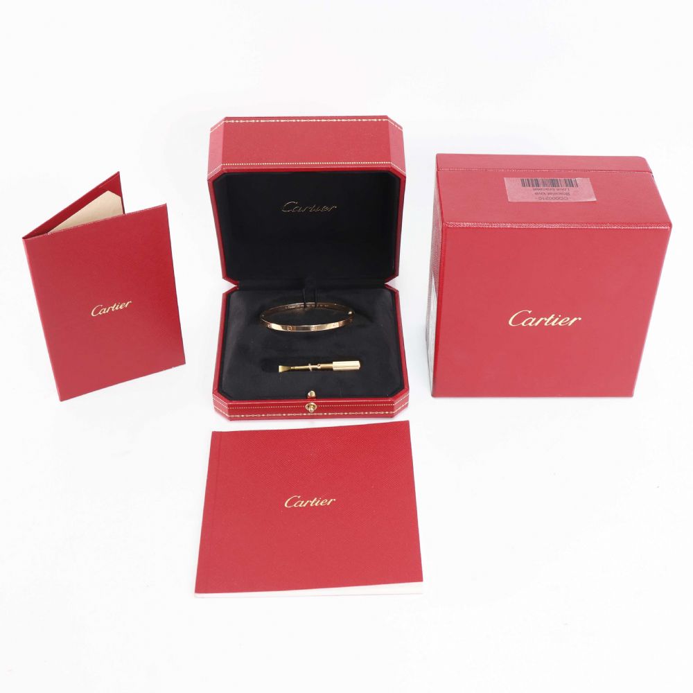 Cartier - 18K Love Bracelet Yellow-Gold. Size: 17. Including Box, Papers, Invoice.