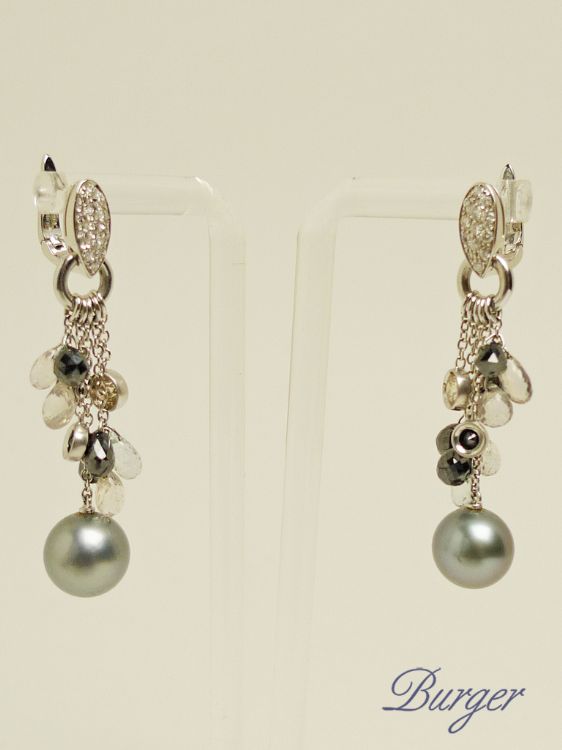 Utopia - 18Kt White Gold Earrings Set With Black Diamonds & Tahiti Pearls
