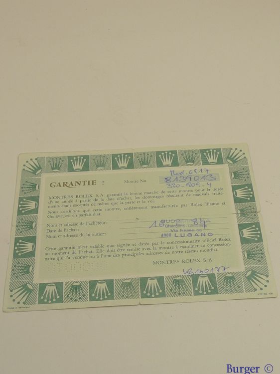 Warranty Certificate Ref: 6917 - Rolex 