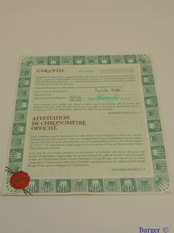 Rolex - Warranty Certificate Ref: 16628