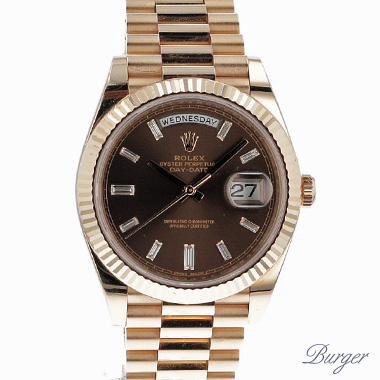 Rolex - Day-Date 40mm Everose Gold Chocolate Dial with Baguette-cut Diamonds