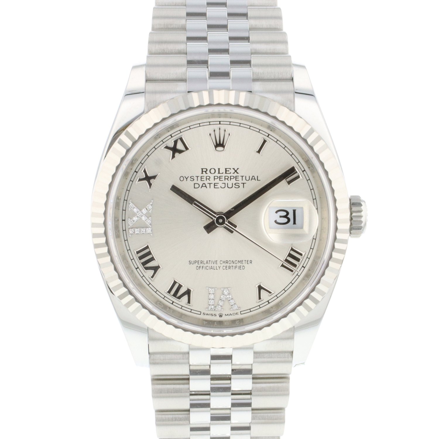 Datejust 36 Fluted Jubilee Silver Roman Diamond Dial NEW - Rolex -  Verkochte horloges - Juwelier Burger