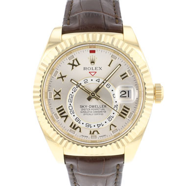 Rolex - Sky-Dweller Silver Roman Dial Yellow-Gold Leather