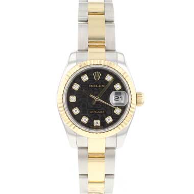 Rolex - Lady-Datejust 26 Oyster Fluted Steel Gold Black Diamond Logo Dial