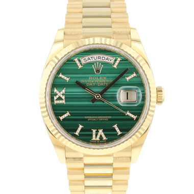 Rolex - Day-Date 36 Yellow Gold Green Malachite Diamond Dial 99,9 NEW