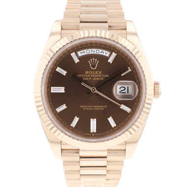 Rolex - Day-Date 40mm Everose Gold Chocolate Baguette Diamond Dial Service '25