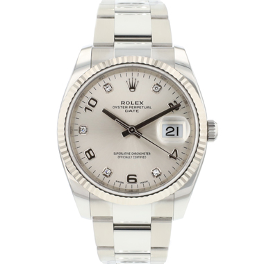 Rolex - Date 34 Steel Oyster Fluted Silver Diamond Dial