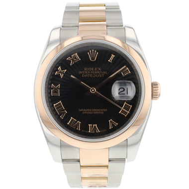 Rolex - Datejust 36 Steel / Everose Gold Sunburst Black Roman Dial