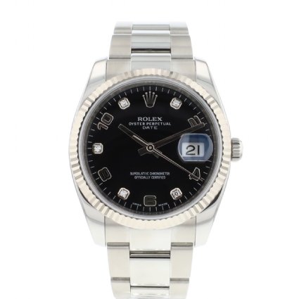 Date 34 Oyster Fluted Factory Diamond Arabic Black Dial