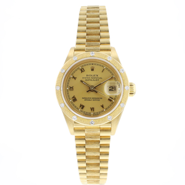 Rolex - Lady-Datejust 26 Yellow Gold President Champagne Roman Dial Bark Bezel Diamonds