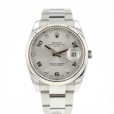 Rolex - Date 34 Oyster Fluted Silver Diamond Dial