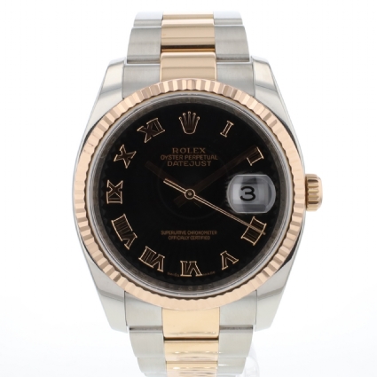 Datejust 36 Steel / Everose Oyster Fluted Black Roman Sunburst Dial